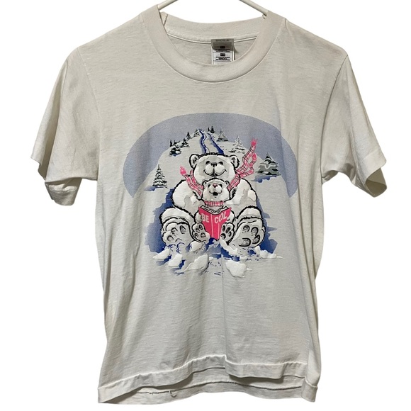 Vintage Polar Bears Be Cool Reading Sledding Snow Embossed Single Stitch Tee - Picture 1 of 9